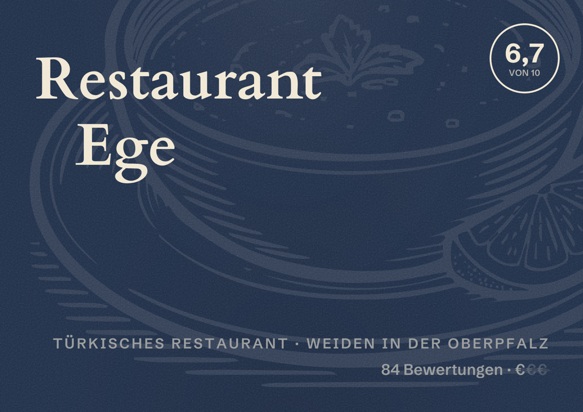 Illustriertes Poster von Restaurant Ege, Türkisches Restaurant in Weiden in der Oberpfalz: Bewertung 6,7 von 10 aus 84 Bewertungen, Preisniveau €