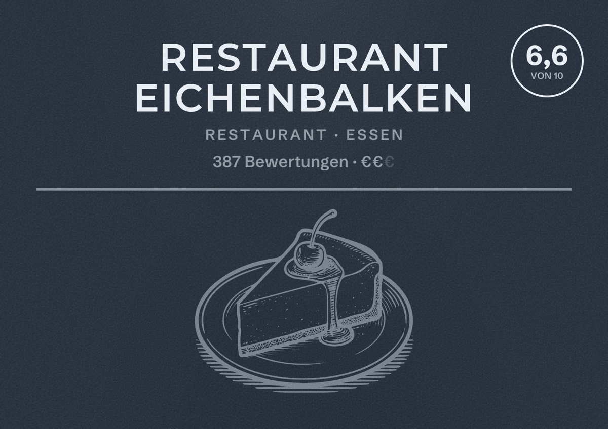 Illustriertes Poster von Restaurant Eichenbalken, Restaurant in Essen: Bewertung 6,6 von 10 aus 387 Bewertungen, Preisniveau €€