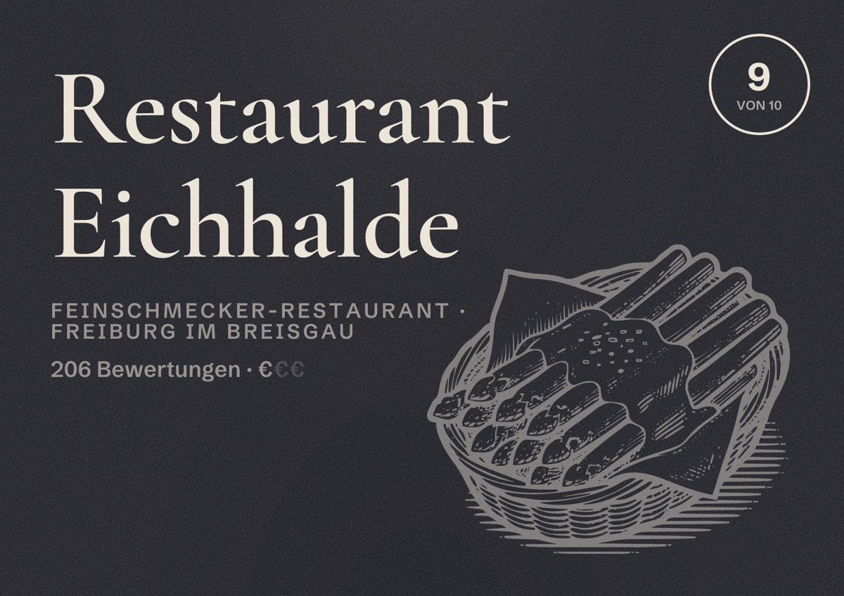 Illustriertes Poster von Restaurant Eichhalde, Feinschmecker-Restaurant in Freiburg im Breisgau: Bewertung 9,0 von 10 aus 206 Bewertungen, Preisniveau €