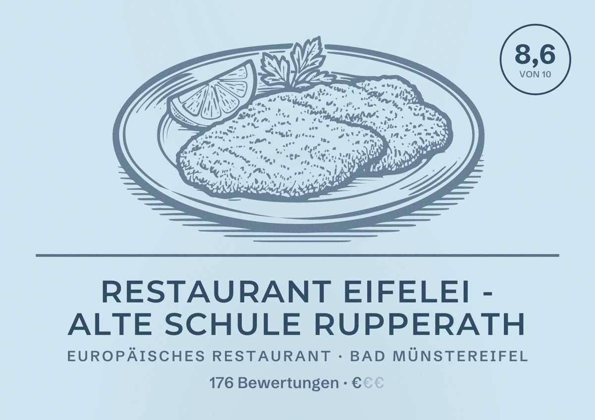 Illustriertes Poster von Restaurant Eifelei - Alte Schule Rupperath, Europäisches Restaurant in Bad Münstereifel: Bewertung 8,6 von 10 aus 176 Bewertungen, Preisniveau €