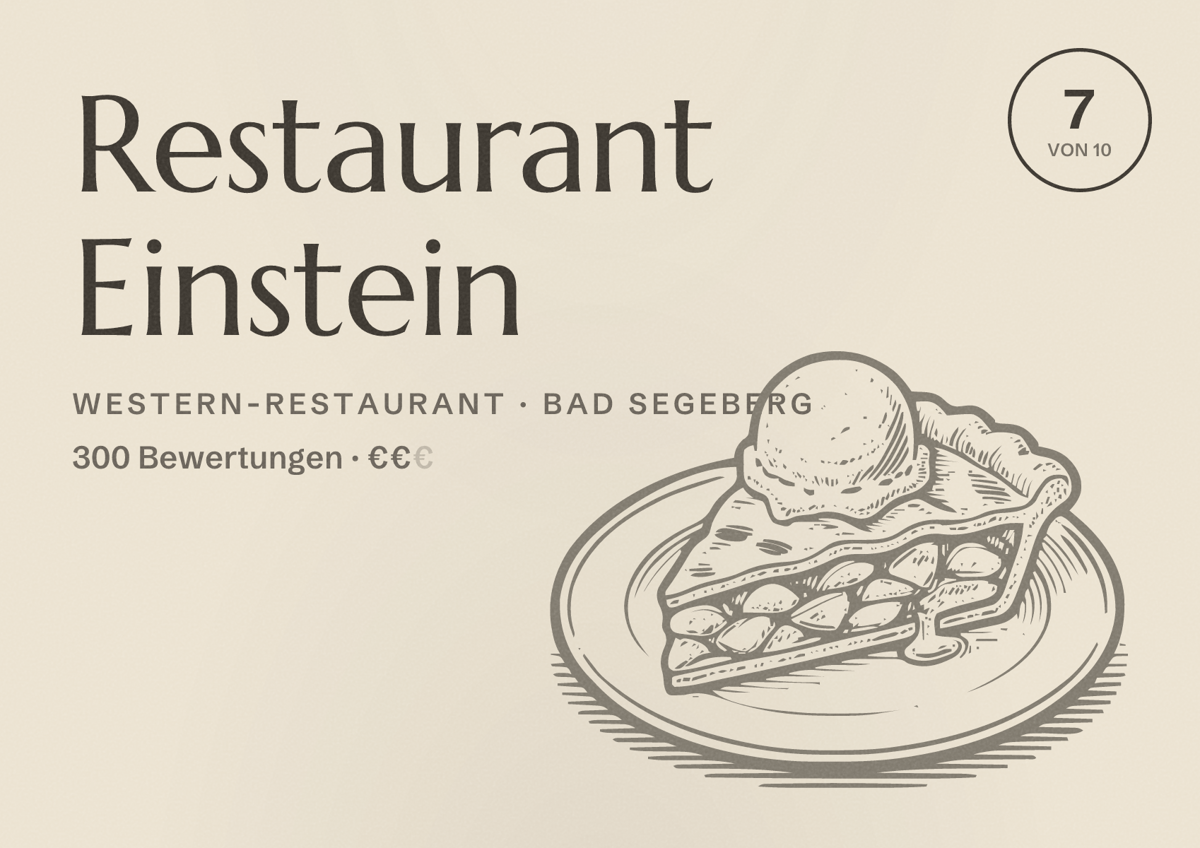 Illustriertes Poster von Restaurant Einstein, Western-Restaurant in Bad Segeberg: Bewertung 7 von 10 aus 300 Bewertungen, Preisniveau €€