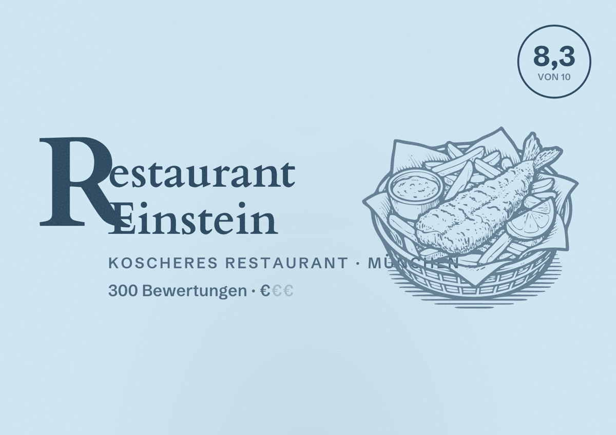 Illustriertes Poster von Restaurant Einstein, Koscheres Restaurant in München: Bewertung 8,3 von 10 aus 300 Bewertungen, Preisniveau €