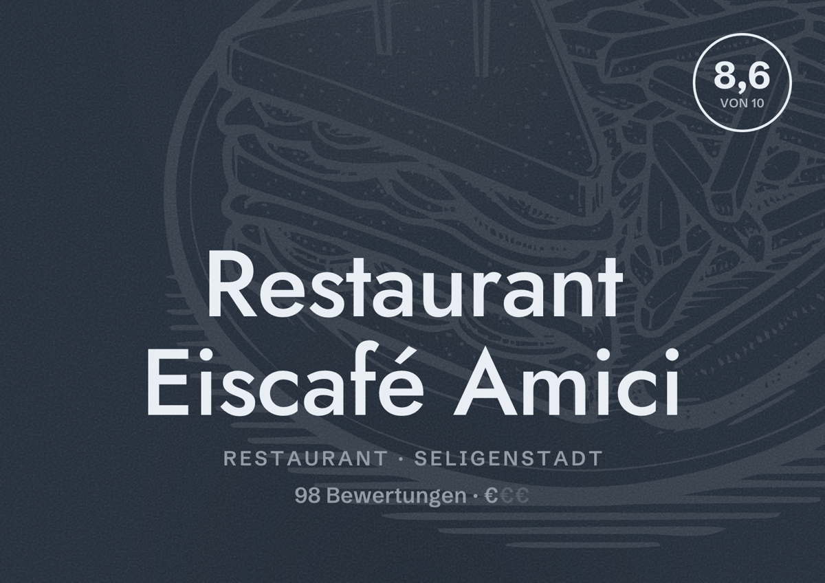 Illustriertes Poster von Restaurant Eiscafé Amici, Restaurant in Seligenstadt: Bewertung 8,6 von 10 aus 98 Bewertungen, Preisniveau €