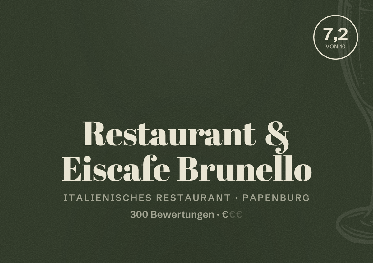 Illustriertes Poster von Restaurant & Eiscafe Brunello, Italienisches Restaurant in Papenburg: Bewertung 7,2 von 10 aus 300 Bewertungen, Preisniveau €