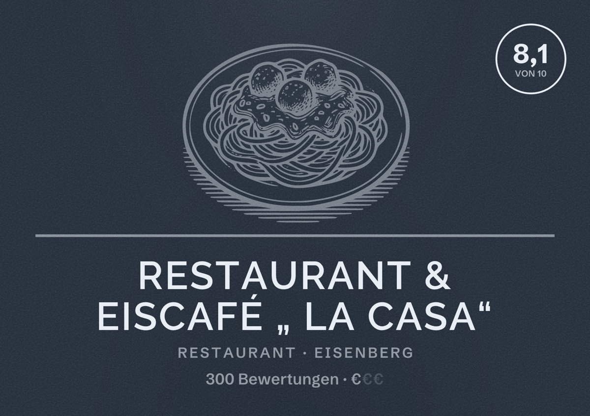 Illustriertes Poster von Restaurant & Eiscafé „ La Casa“, Restaurant in Eisenberg: Bewertung 8,1 von 10 aus 300 Bewertungen, Preisniveau €