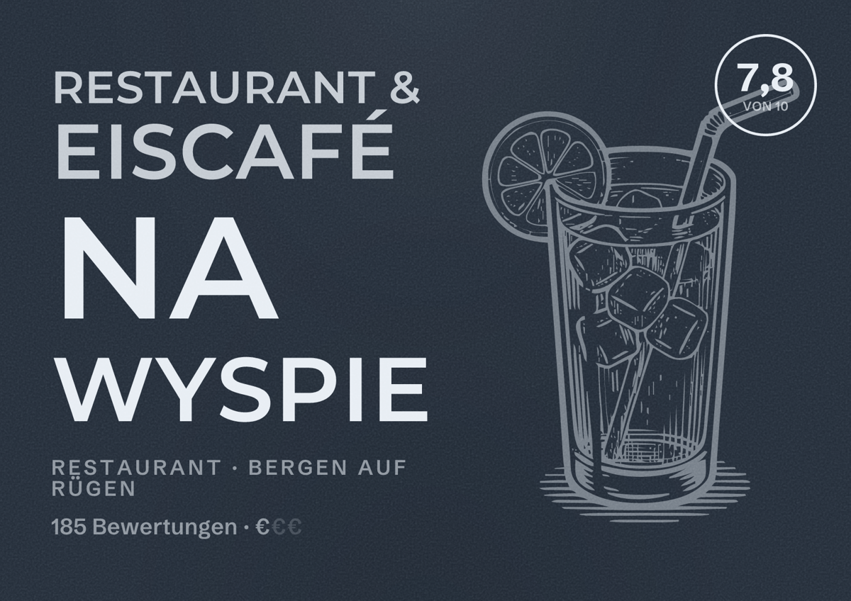 Illustriertes Poster von Restaurant & Eiscafé Na Wyspie, Restaurant in Bergen auf Rügen: Bewertung 7,8 von 10 aus 185 Bewertungen, Preisniveau €