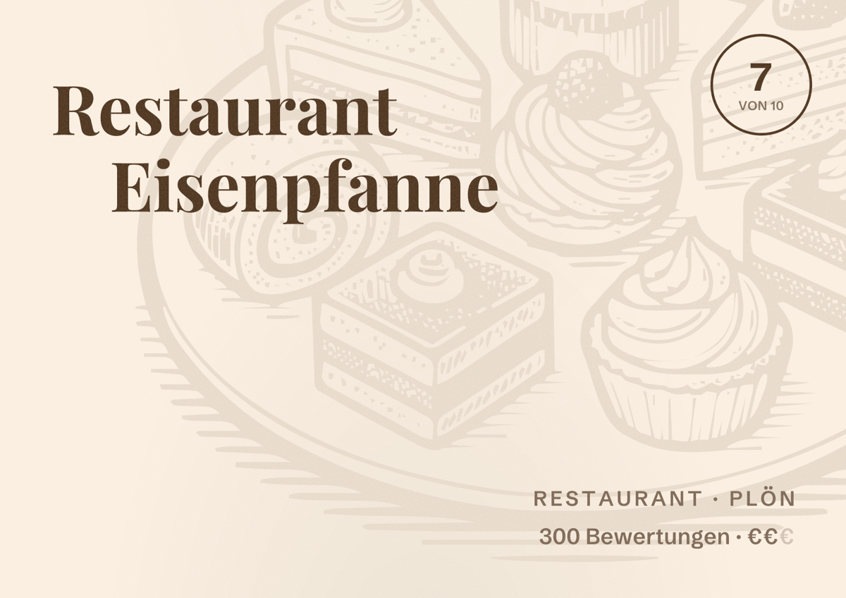 Illustriertes Poster von Restaurant Eisenpfanne, Restaurant in Plön: Bewertung 7 von 10 aus 300 Bewertungen, Preisniveau €€