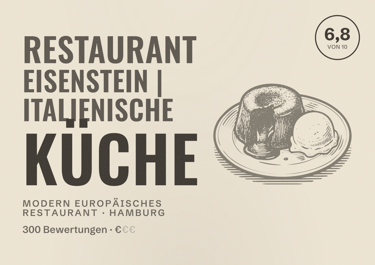 Illustriertes Poster von RESTAURANT EISENSTEIN | italienische Küche, Modern europäisches Restaurant in Hamburg: Bewertung 6,8 von 10 aus 300 Bewertungen, Preisniveau €