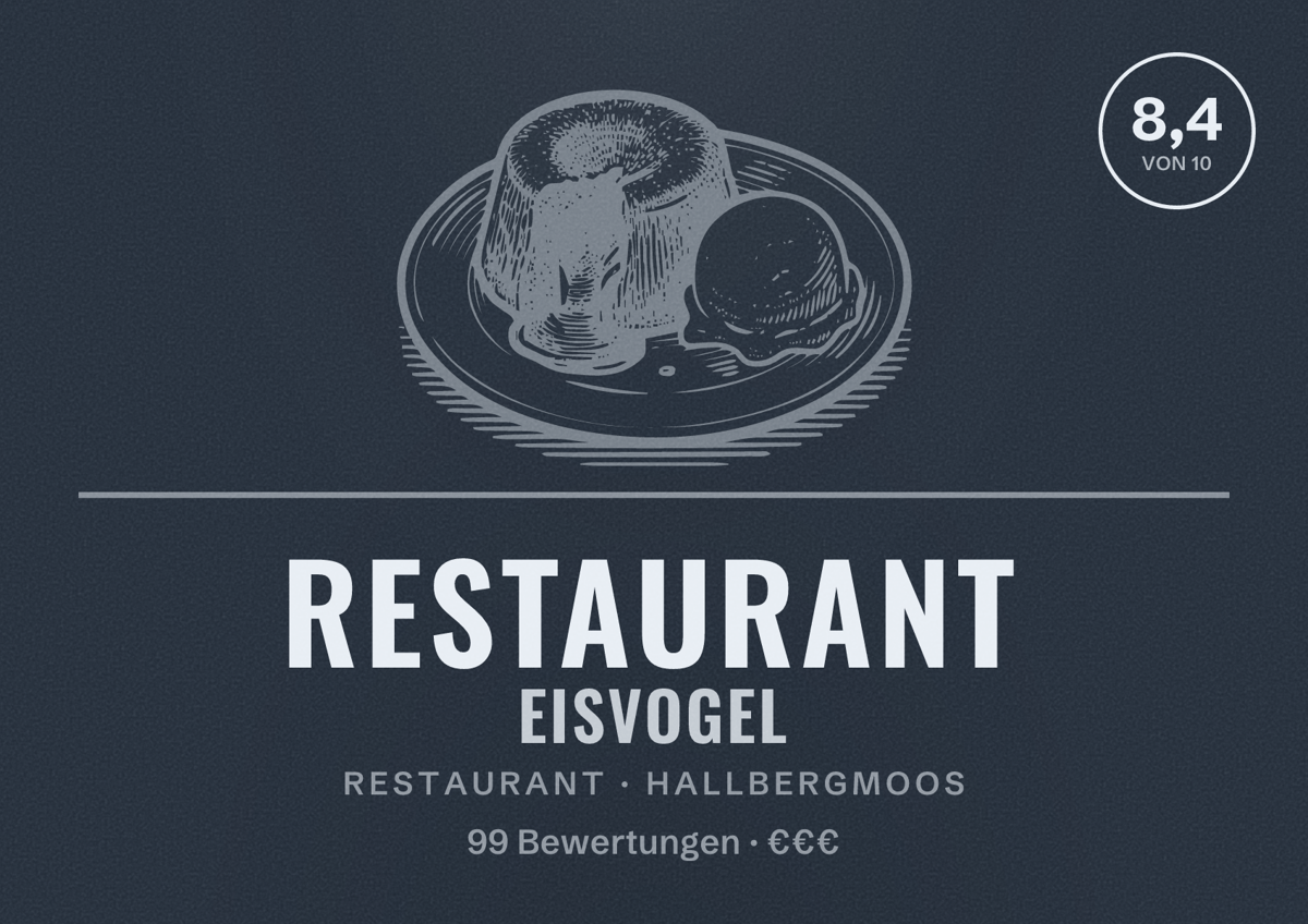 Illustriertes Poster von Restaurant Eisvogel, Restaurant in Hallbergmoos: Bewertung 8,4 von 10 aus 99 Bewertungen, Preisniveau €€€