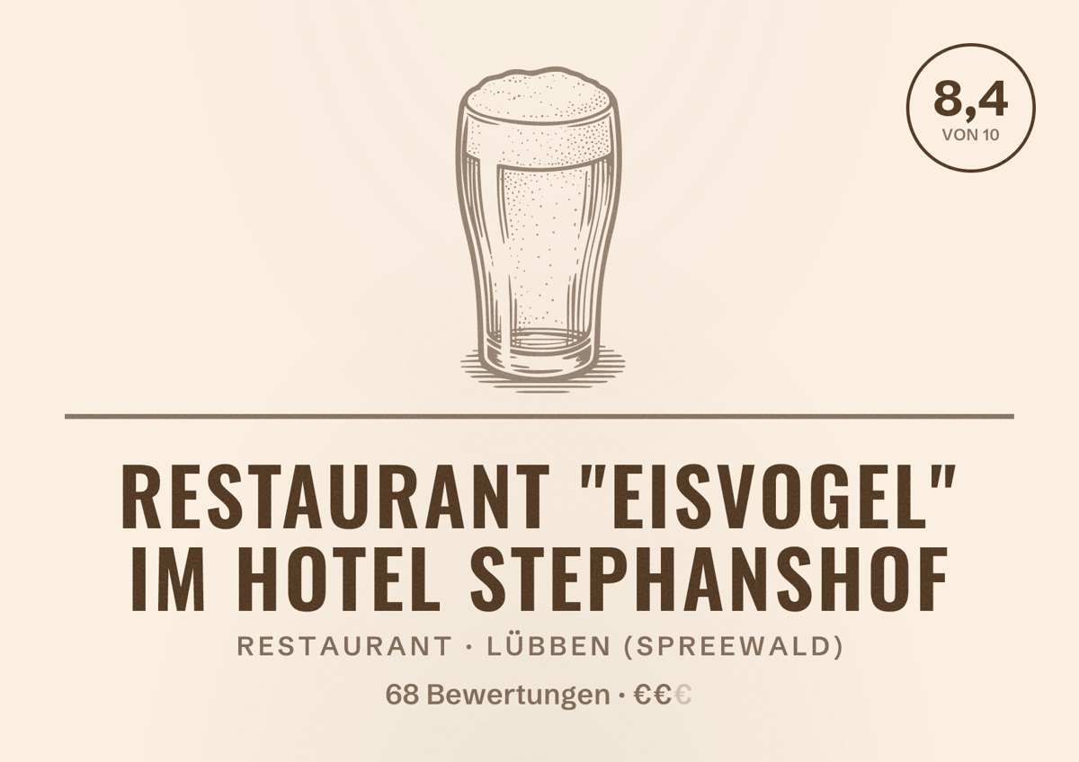 Illustriertes Poster von Restaurant "Eisvogel" Im Hotel Stephanshof, Restaurant in Lübben (Spreewald): Bewertung 8,4 von 10 aus 68 Bewertungen, Preisniveau €€