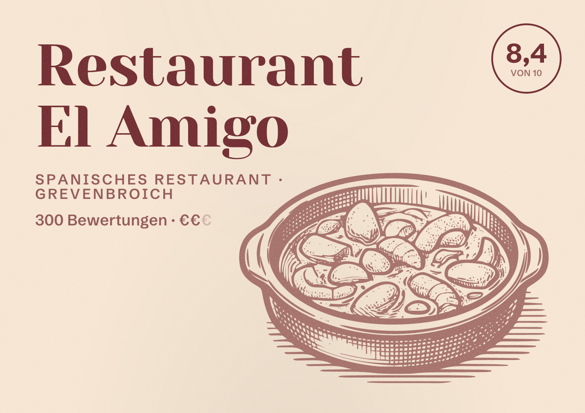 Illustriertes Poster von Restaurant El Amigo, Spanisches Restaurant in Grevenbroich: Bewertung 8,4 von 10 aus 300 Bewertungen, Preisniveau €€
