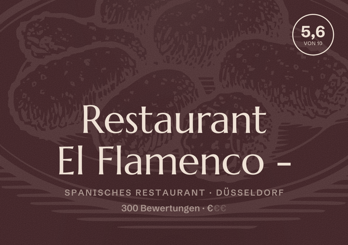 Illustriertes Poster von Restaurant El Flamenco -, Spanisches Restaurant in Düsseldorf: Bewertung 5,6 von 10 aus 300 Bewertungen, Preisniveau €