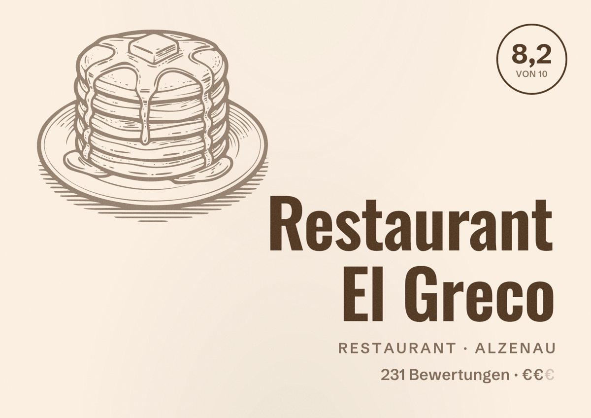 Illustriertes Poster von Restaurant El Greco, Restaurant in Alzenau: Bewertung 8,2 von 10 aus 231 Bewertungen, Preisniveau €€