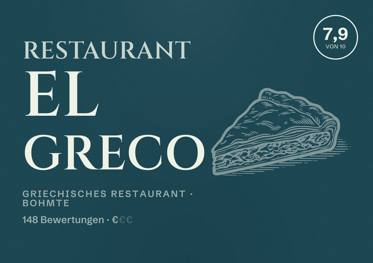 Illustriertes Poster von Restaurant El Greco, Griechisches Restaurant in Bohmte: Bewertung 7,9 von 10 aus 148 Bewertungen, Preisniveau €