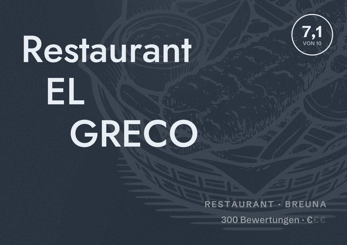 Illustriertes Poster von Restaurant EL GRECO, Restaurant in Breuna: Bewertung 7,1 von 10 aus 300 Bewertungen, Preisniveau €