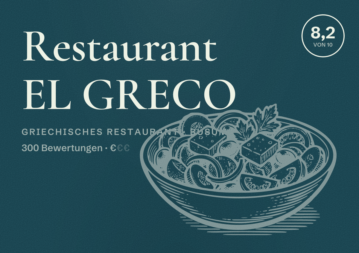Illustriertes Poster von Restaurant EL GRECO, Griechisches Restaurant in Büsum: Bewertung 8,2 von 10 aus 300 Bewertungen, Preisniveau €
