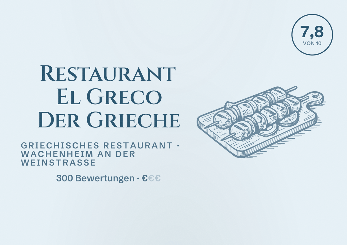 Illustriertes Poster von Restaurant El Greco Der Grieche, Griechisches Restaurant in Wachenheim an der Weinstraße: Bewertung 7,8 von 10 aus 300 Bewertungen, Preisniveau €
