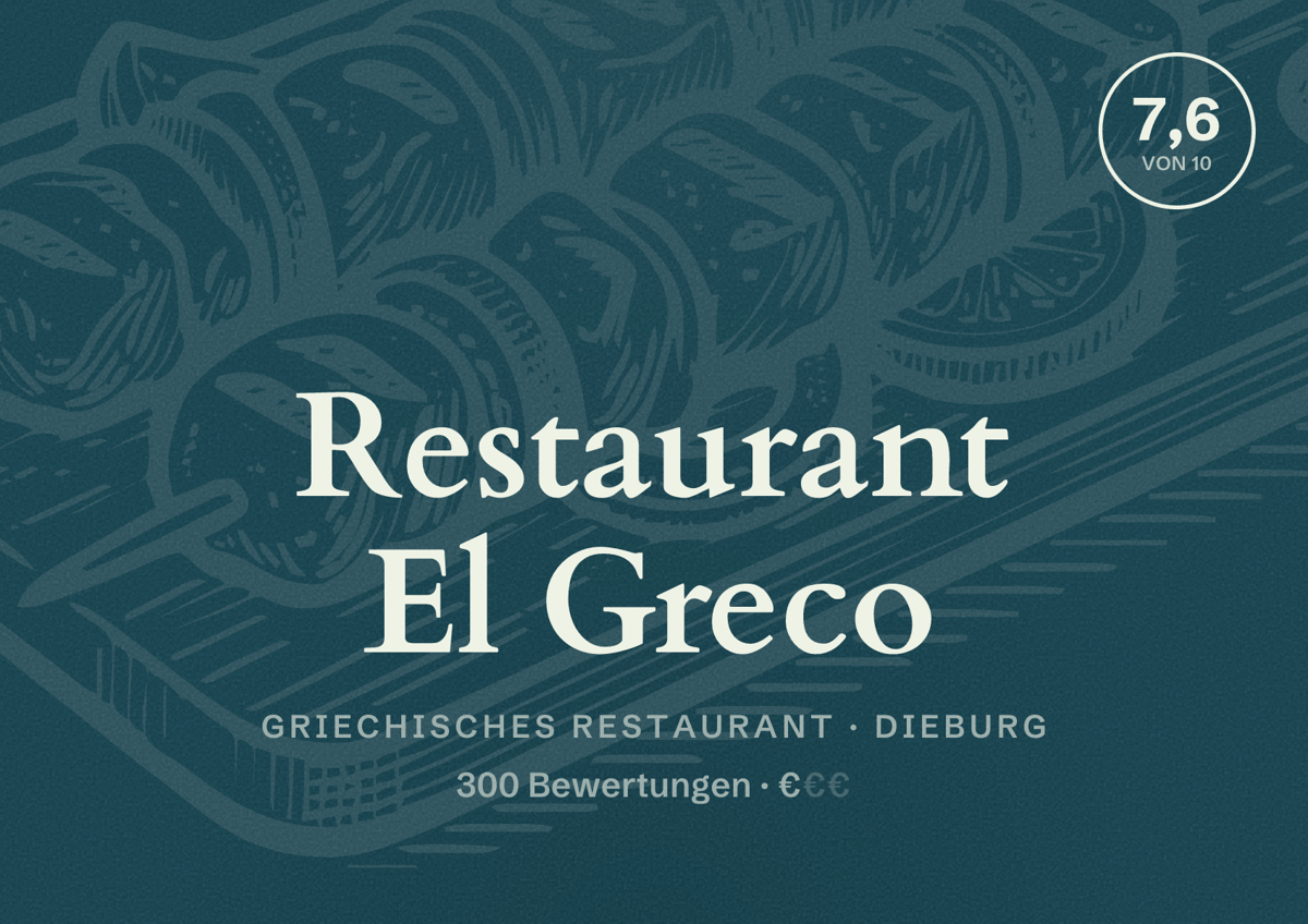 Illustriertes Poster von Restaurant El Greco, Griechisches Restaurant in Dieburg: Bewertung 7,6 von 10 aus 300 Bewertungen, Preisniveau €
