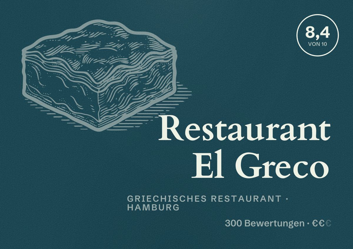 Illustriertes Poster von Restaurant El Greco, Griechisches Restaurant in Hamburg: Bewertung 8,4 von 10 aus 300 Bewertungen, Preisniveau €€