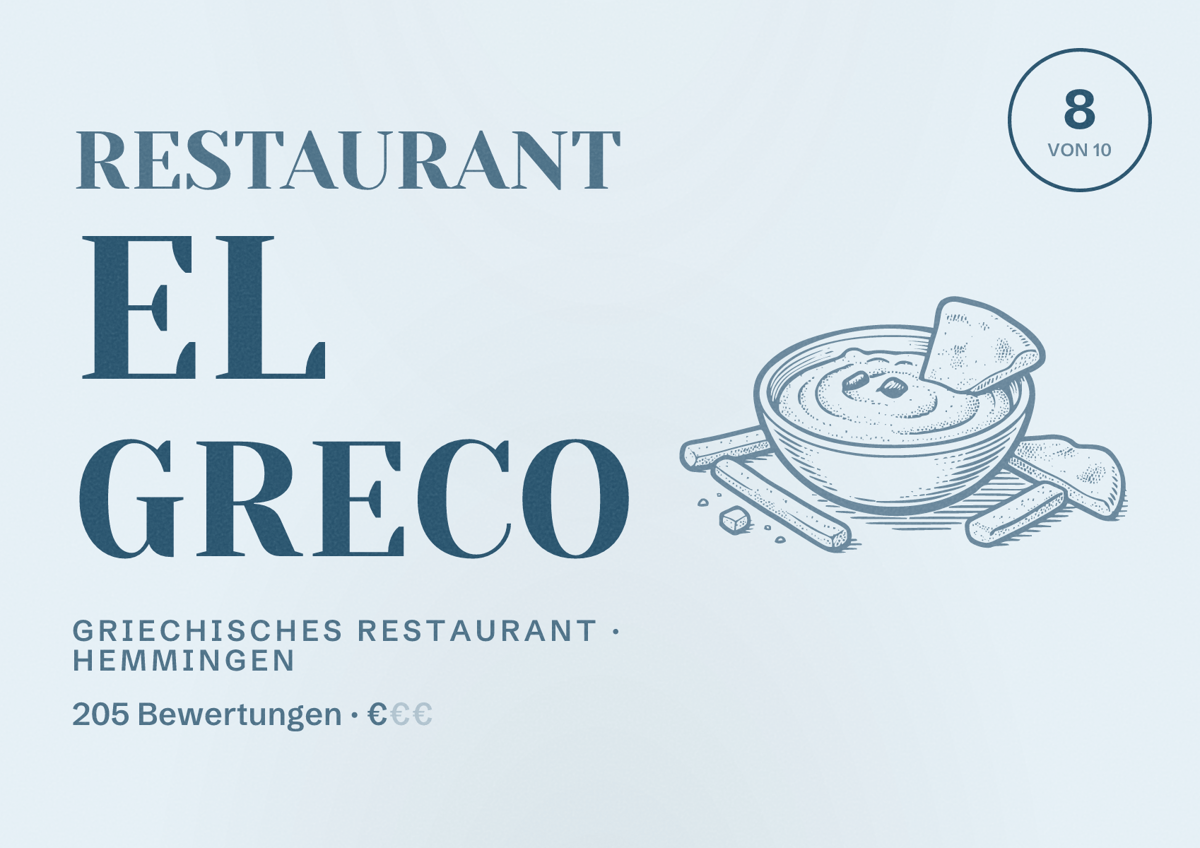 Illustriertes Poster von Restaurant El Greco, Griechisches Restaurant in Hemmingen: Bewertung 8 von 10 aus 205 Bewertungen, Preisniveau €
