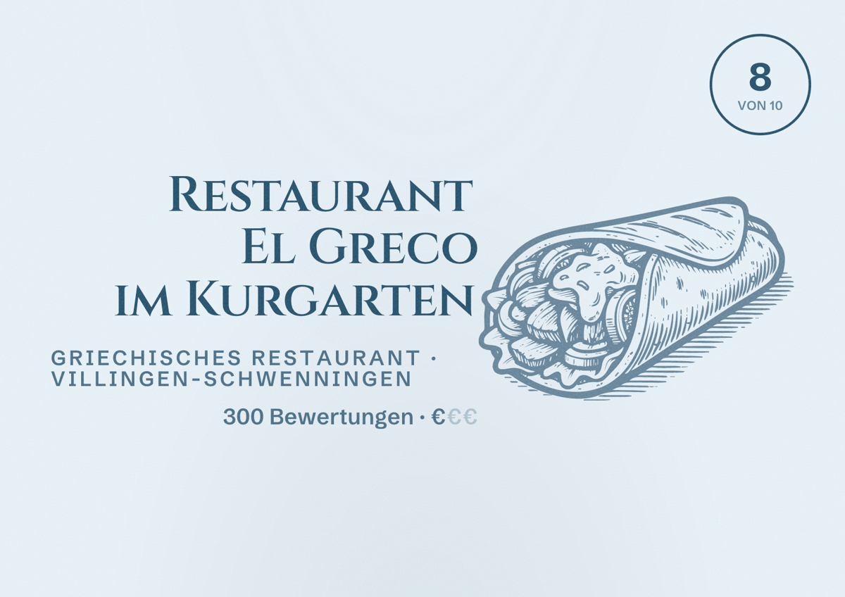 Illustriertes Poster von Restaurant El Greco im Kurgarten, Griechisches Restaurant in Villingen-Schwenningen: Bewertung 8 von 10 aus 300 Bewertungen, Preisniveau €