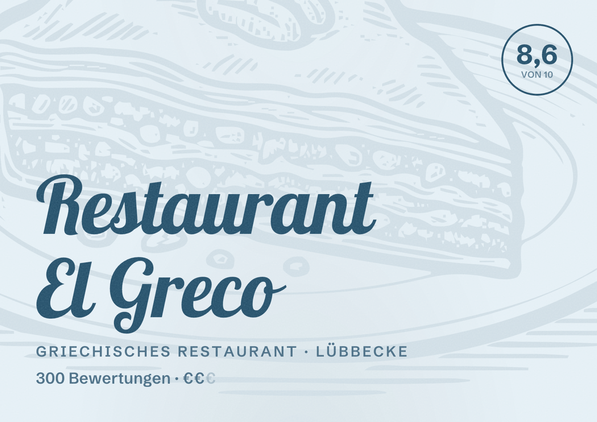Illustriertes Poster von Restaurant El Greco, Griechisches Restaurant in Lübbecke: Bewertung 8,6 von 10 aus 300 Bewertungen, Preisniveau €€