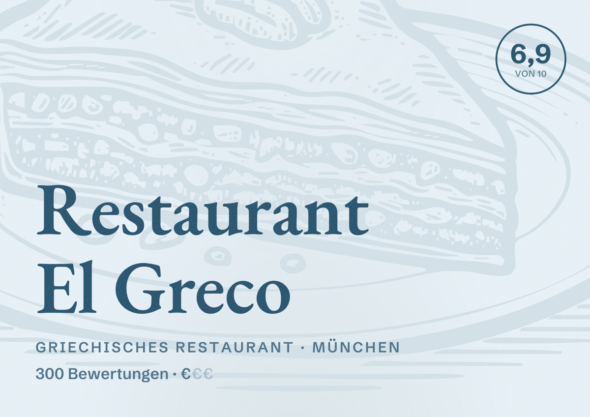 Illustriertes Poster von Restaurant El Greco, Griechisches Restaurant in München: Bewertung 6,9 von 10 aus 300 Bewertungen, Preisniveau €