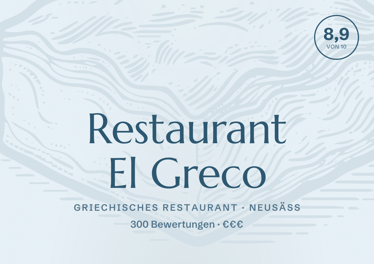 Illustriertes Poster von Restaurant El Greco, Griechisches Restaurant in Neusäß: Bewertung 8,9 von 10 aus 300 Bewertungen, Preisniveau €€€