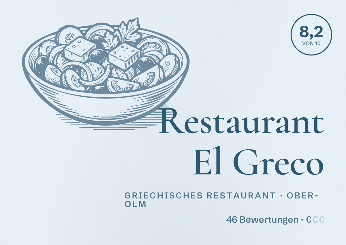 Illustriertes Poster von Restaurant El Greco, Griechisches Restaurant in Ober-Olm: Bewertung 8,2 von 10 aus 46 Bewertungen, Preisniveau €
