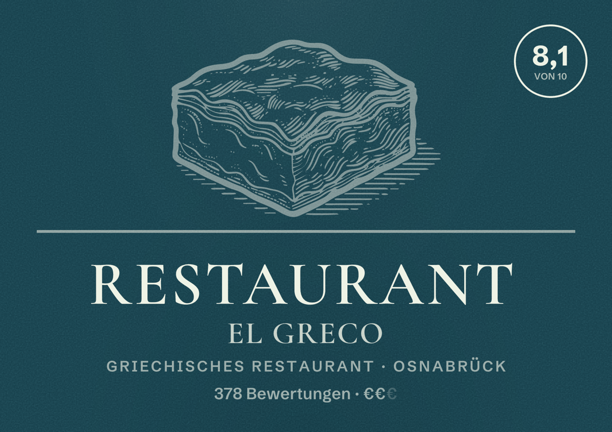 Illustriertes Poster von Restaurant El Greco, Griechisches Restaurant in Osnabrück: Bewertung 8,1 von 10 aus 378 Bewertungen, Preisniveau €€
