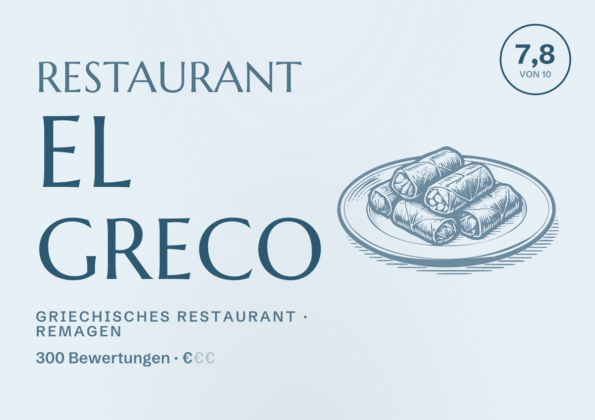 Illustriertes Poster von Restaurant EL GRECO, Griechisches Restaurant in Remagen: Bewertung 7,8 von 10 aus 300 Bewertungen, Preisniveau €