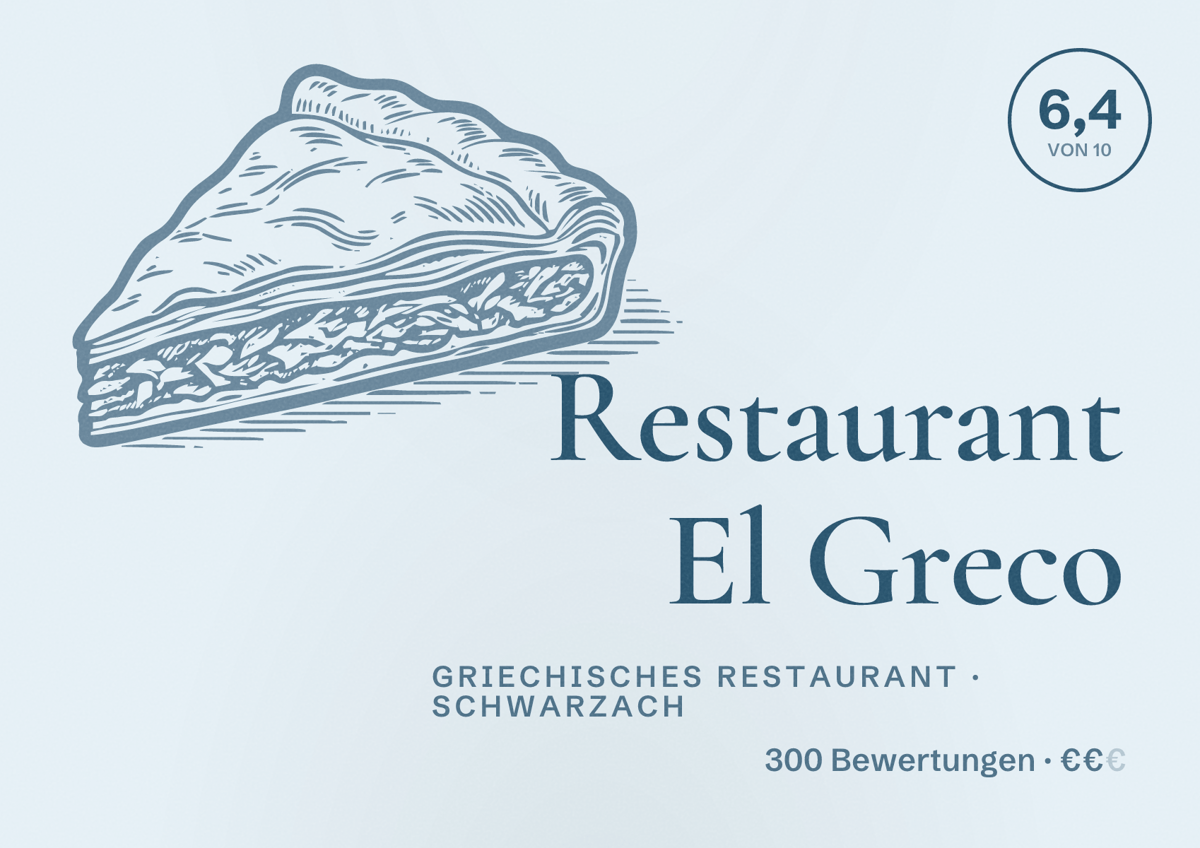 Illustriertes Poster von Restaurant El Greco, Griechisches Restaurant in Schwarzach: Bewertung 6,4 von 10 aus 300 Bewertungen, Preisniveau €€
