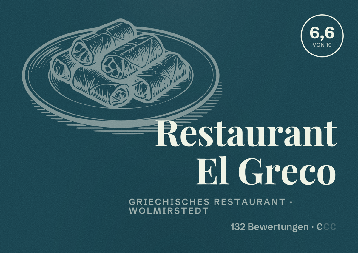 Illustriertes Poster von Restaurant El Greco, Griechisches Restaurant in Wolmirstedt: Bewertung 6,6 von 10 aus 132 Bewertungen, Preisniveau €