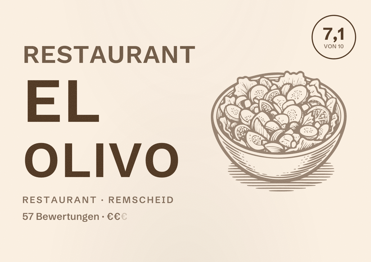 Illustriertes Poster von Restaurant el Olivo, Restaurant in Remscheid: Bewertung 7,1 von 10 aus 57 Bewertungen, Preisniveau €€