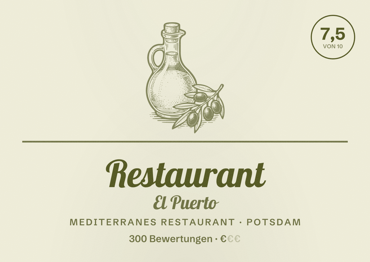Illustriertes Poster von Restaurant El Puerto, Mediterranes Restaurant in Potsdam: Bewertung 7,5 von 10 aus 300 Bewertungen, Preisniveau €
