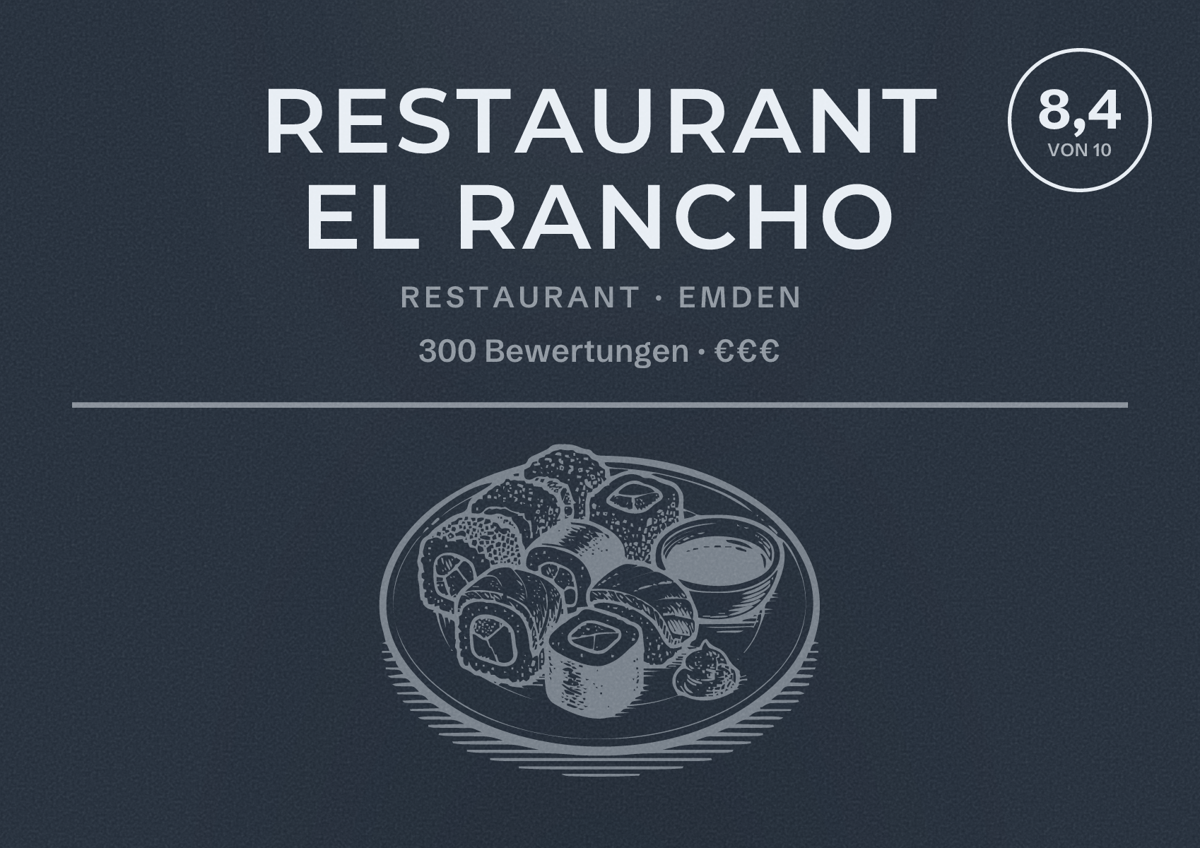 Illustriertes Poster von Restaurant El Rancho, Restaurant in Emden: Bewertung 8,4 von 10 aus 300 Bewertungen, Preisniveau €€€