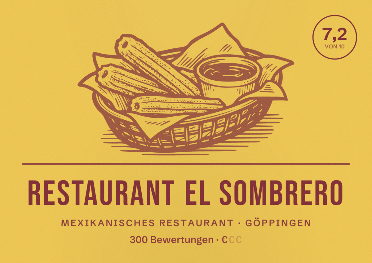 Illustriertes Poster von Restaurant El Sombrero, Mexikanisches Restaurant in Göppingen: Bewertung 7,2 von 10 aus 300 Bewertungen, Preisniveau €
