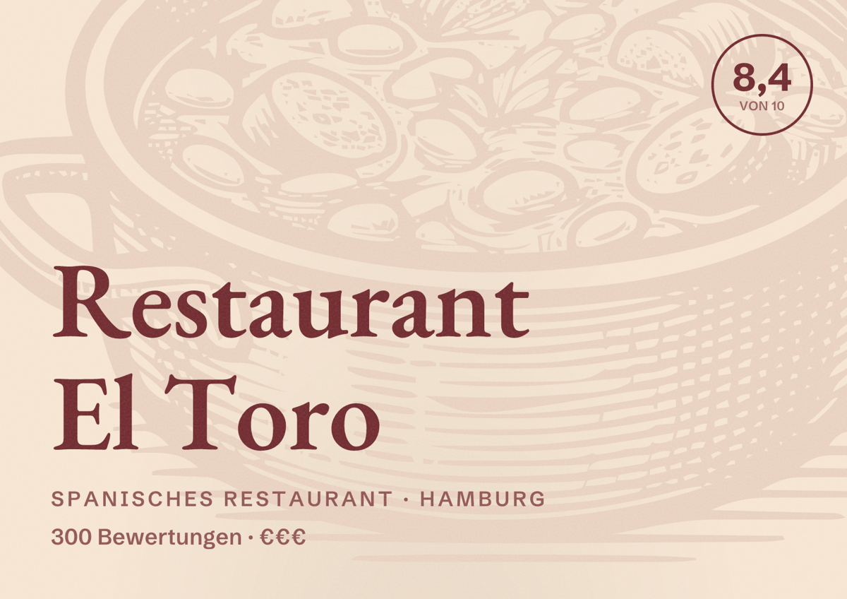 Illustriertes Poster von Restaurant El Toro, Spanisches Restaurant in Hamburg: Bewertung 8,4 von 10 aus 300 Bewertungen, Preisniveau €€€