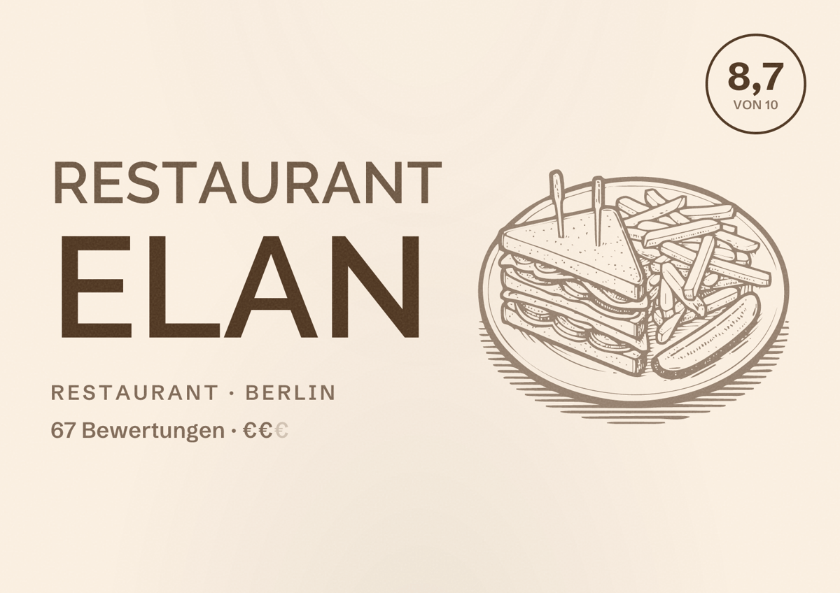 Illustriertes Poster von Restaurant Elan, Restaurant in Berlin: Bewertung 8,7 von 10 aus 67 Bewertungen, Preisniveau €€