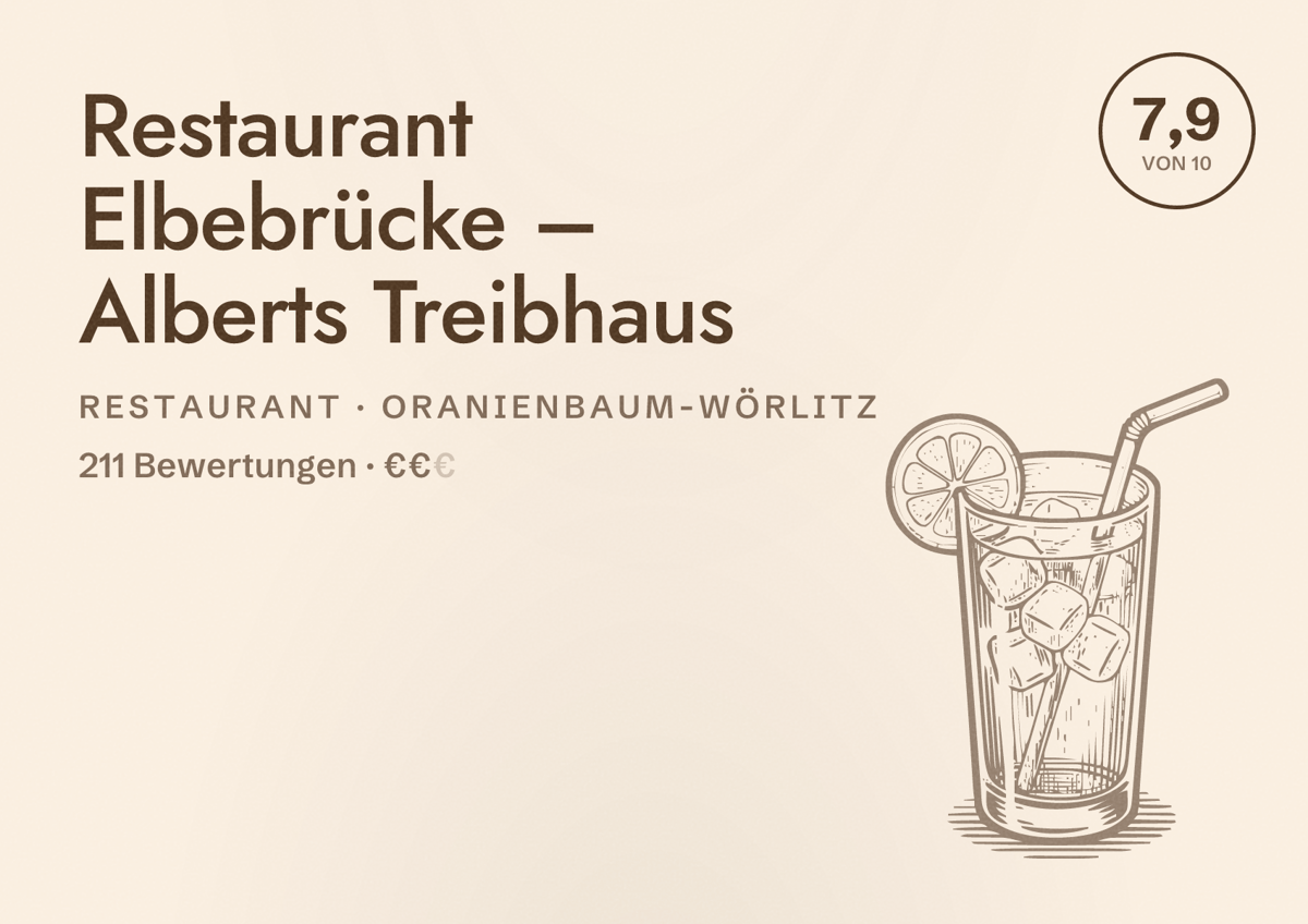 Illustriertes Poster von Restaurant Elbebrücke – Alberts Treibhaus, Restaurant in Oranienbaum-Wörlitz: Bewertung 7,9 von 10 aus 211 Bewertungen, Preisniveau €€