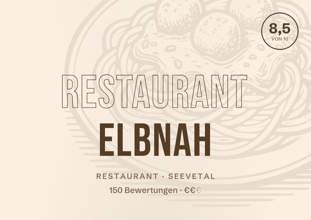 Illustriertes Poster von Restaurant Elbnah, Restaurant in Seevetal: Bewertung 8,5 von 10 aus 150 Bewertungen, Preisniveau €€