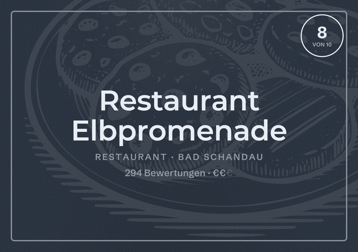 Illustriertes Poster von Restaurant Elbpromenade, Restaurant in Bad Schandau: Bewertung 8 von 10 aus 294 Bewertungen, Preisniveau €€