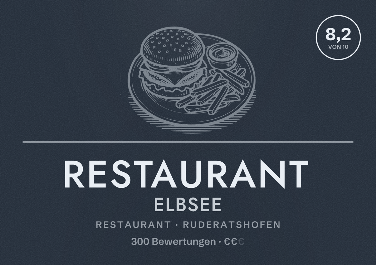Illustriertes Poster von Restaurant Elbsee, Restaurant in Ruderatshofen: Bewertung 8,2 von 10 aus 300 Bewertungen, Preisniveau €€
