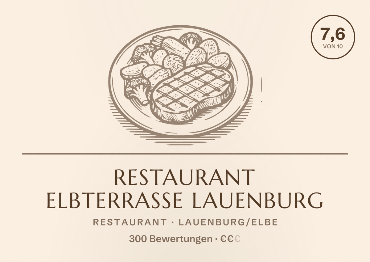 Illustriertes Poster von Restaurant Elbterrasse Lauenburg, Restaurant in Lauenburg/Elbe: Bewertung 7,6 von 10 aus 300 Bewertungen, Preisniveau €€