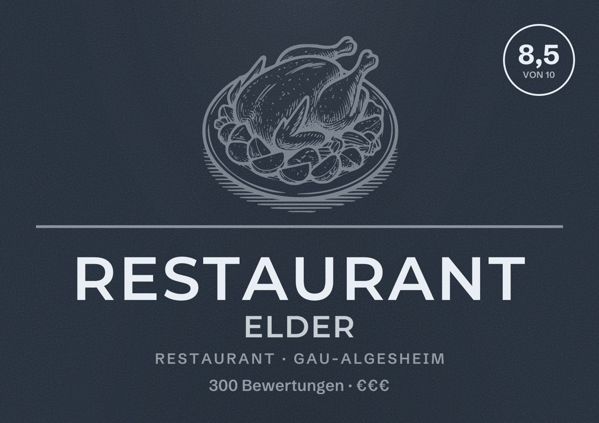 Illustriertes Poster von Restaurant Elder, Restaurant in Gau-Algesheim: Bewertung 8,5 von 10 aus 300 Bewertungen, Preisniveau €€€
