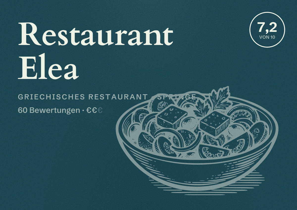 Illustriertes Poster von Restaurant Elea, Griechisches Restaurant in Springe: Bewertung 7,2 von 10 aus 60 Bewertungen, Preisniveau €€