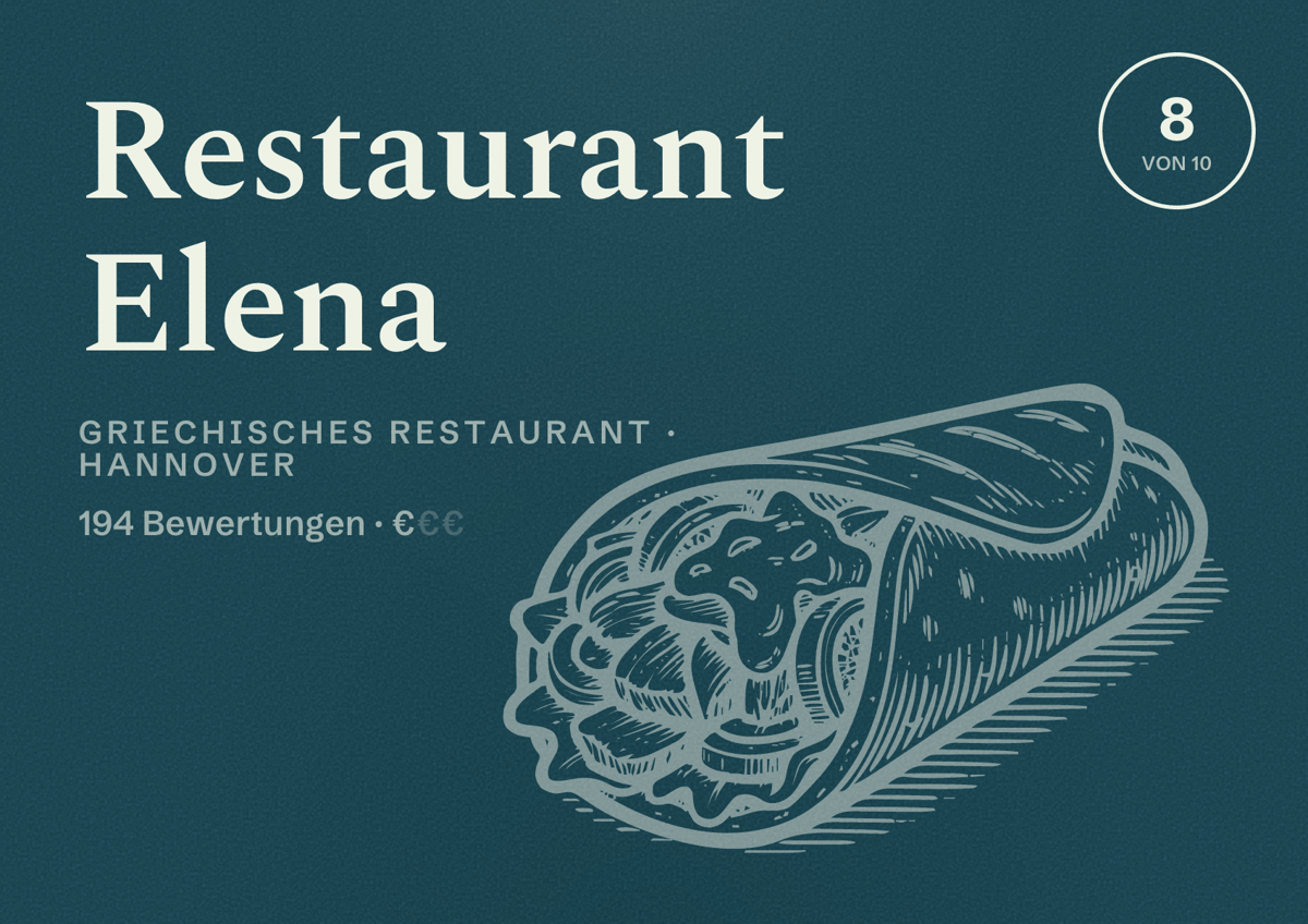 Illustriertes Poster von Restaurant Elena, Griechisches Restaurant in Hannover: Bewertung 8 von 10 aus 194 Bewertungen, Preisniveau €