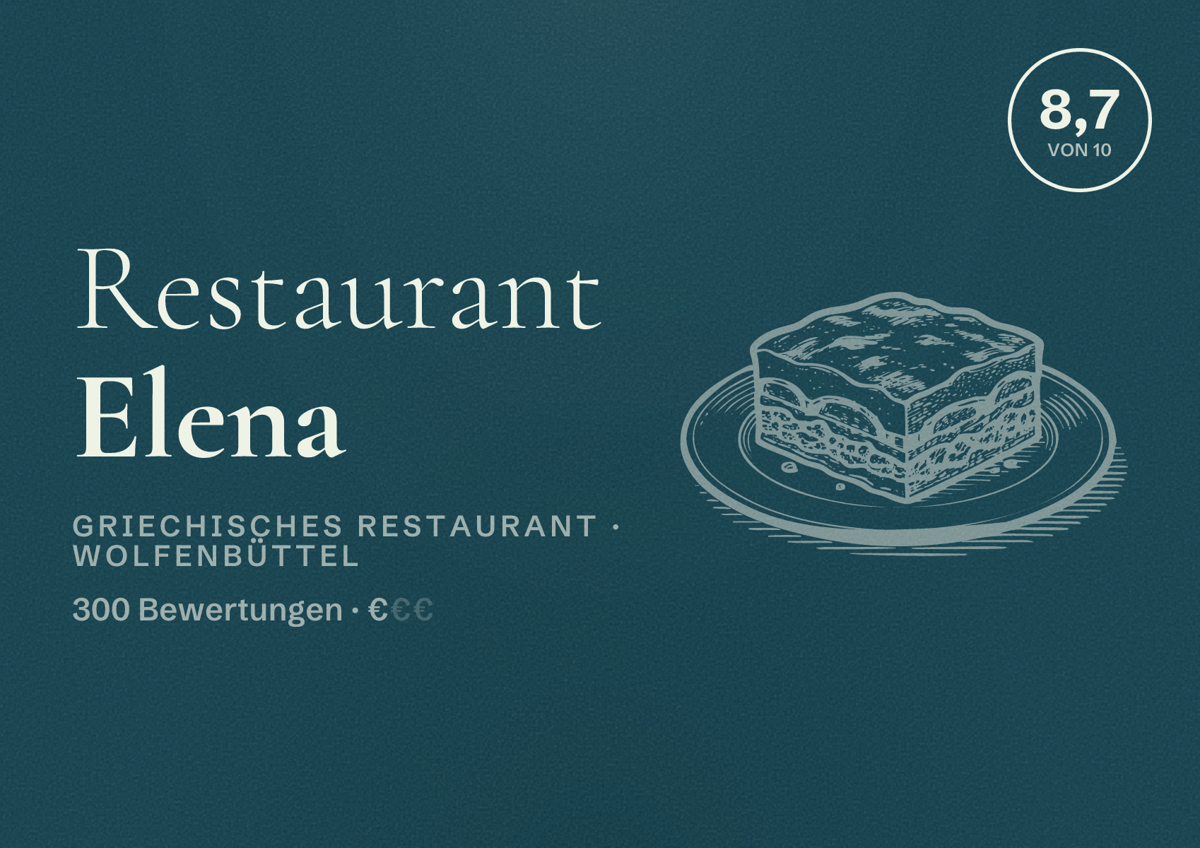 Illustriertes Poster von Restaurant Elena, Griechisches Restaurant in Wolfenbüttel: Bewertung 8,7 von 10 aus 300 Bewertungen, Preisniveau €