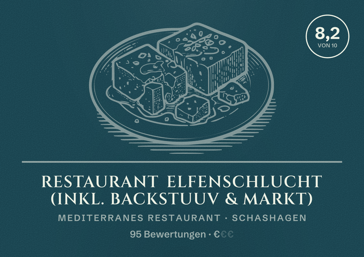 Illustriertes Poster von Restaurant Elfenschlucht (inkl. Backstuuv & Markt), Mediterranes Restaurant in Schashagen: Bewertung 8,2 von 10 aus 95 Bewertungen, Preisniveau €