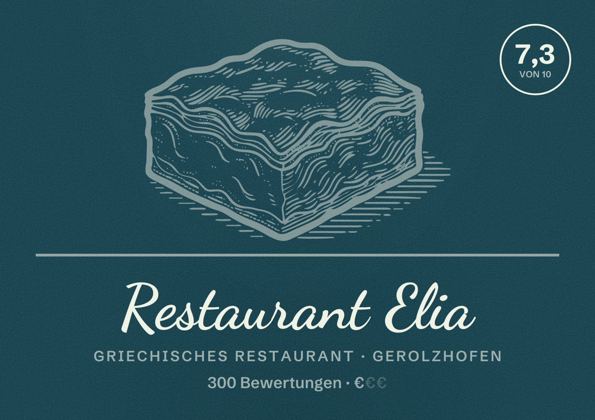 Illustriertes Poster von Restaurant Elia, Griechisches Restaurant in Gerolzhofen: Bewertung 7,3 von 10 aus 300 Bewertungen, Preisniveau €
